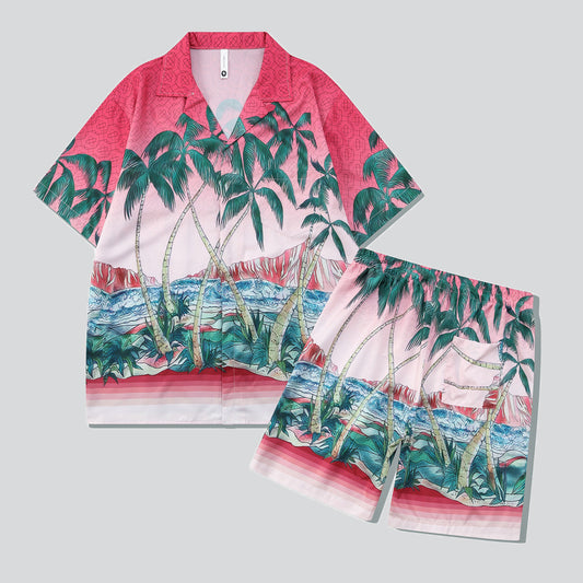 Coconut Tree Print Rose Red Short Sets