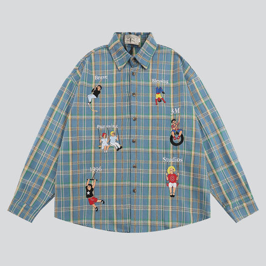 Sporting People Embroidered Plaid Shirt