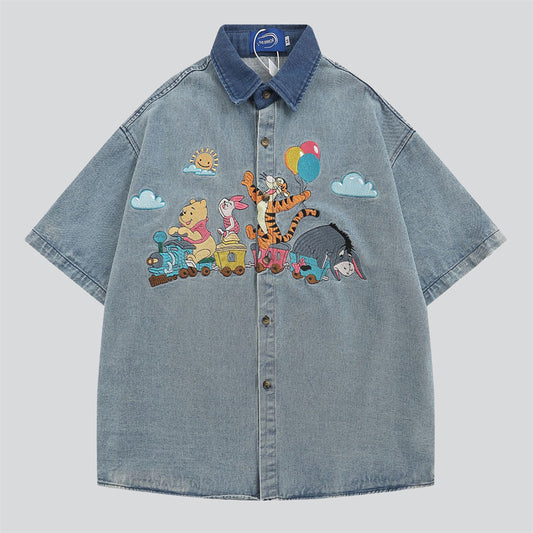 Fun Cartoon Animal Embroidery Denim Shirt