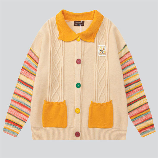 Cute Yellow Lapel Rainbow Sleeve Knitted Sweater