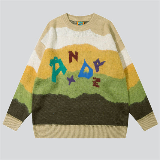 Multicolour Stripes Letter Embroidery Sweater