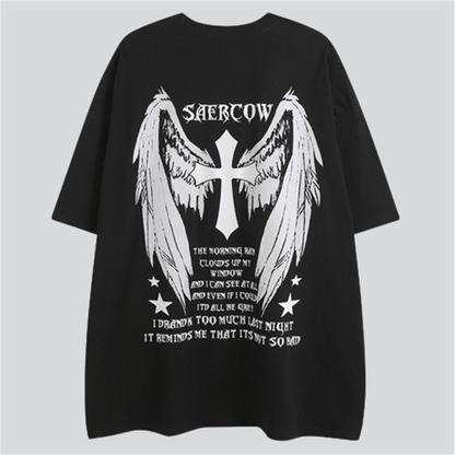 Cross Angel Wings Print Short Sleeve Tees