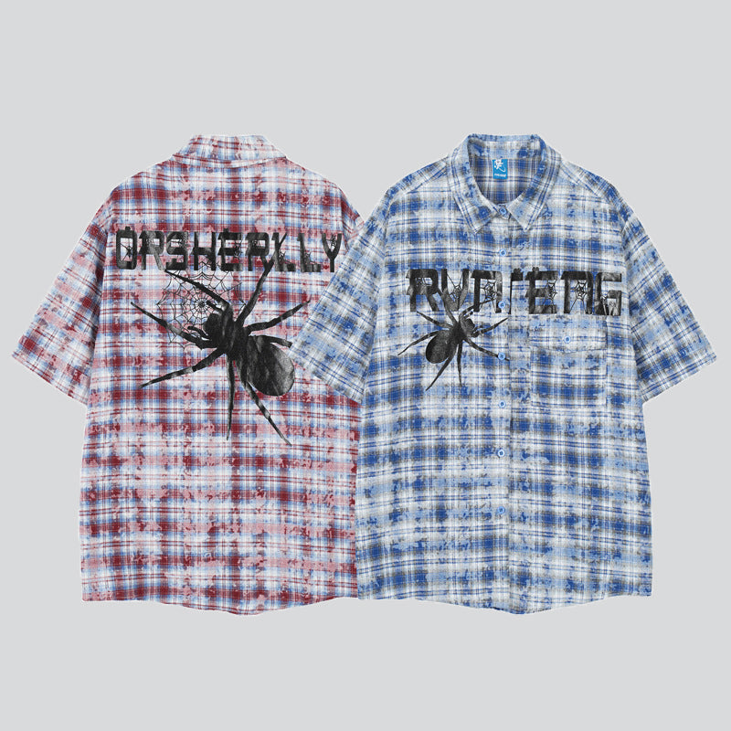 Black Spider Print Plaid Shirt