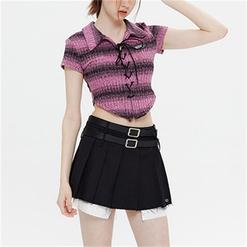 Short-sleeved Striped Lace-up Shirt