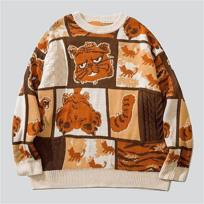 Lovely Cartoon Tiger Plaid Sweater