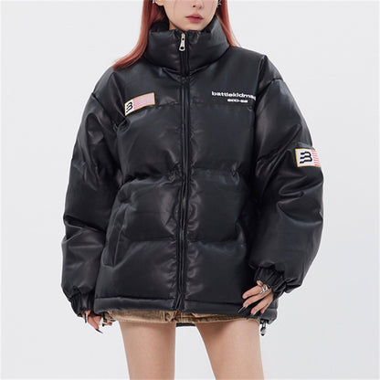 PU Leather Embroidered Puffer Jacket