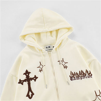 Cross Star Embroidery Zipper Hoodies