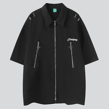 Two-way Zip Letter Embroidered Shirt