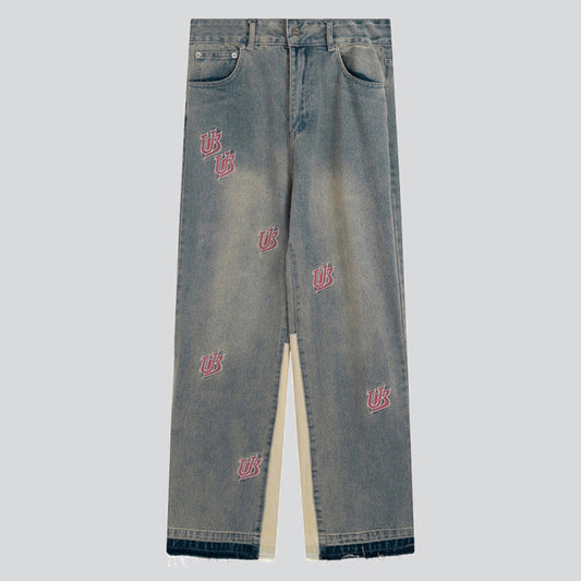 Raw Hems Letter Embroidered Jeans