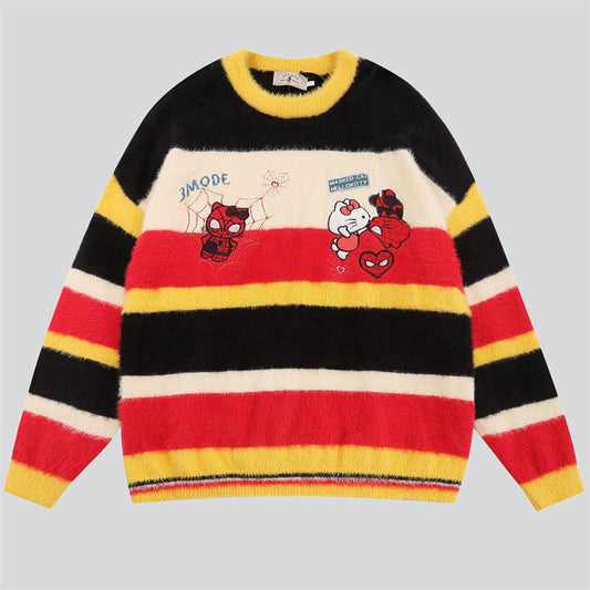 Multicolor Stripes Cartoon Kitty Fluffy Sweater