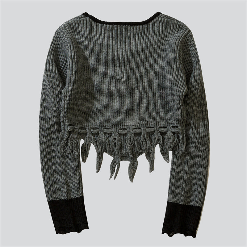 Square Neck Ripped Tassel Sweater