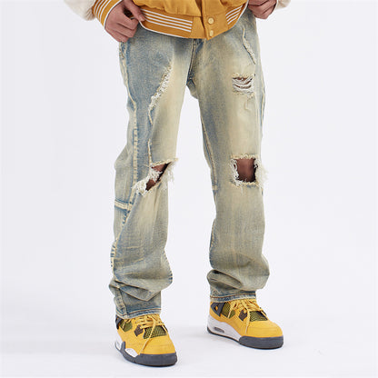 Knee Ripped Holes Vintage Blue Jeans