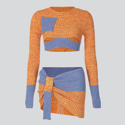 Midriff Top Irregular Skirt Knitted Set