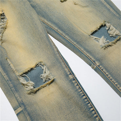 Knee Ripped Holes Vintage Blue Jeans