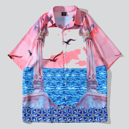 Sunset View Seagull Print Beach Shirt