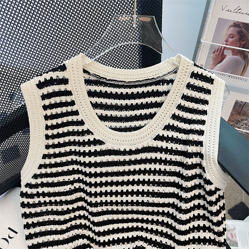 French Style Hollow Out Stripe Knitted Vest