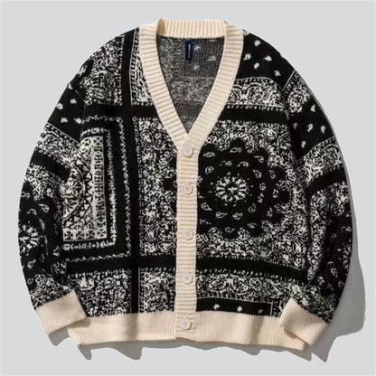 Paisley Pattern V-Neck Button Up Sweater