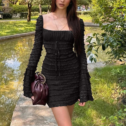 Square Neck Bell Sleeve Lace Dresses