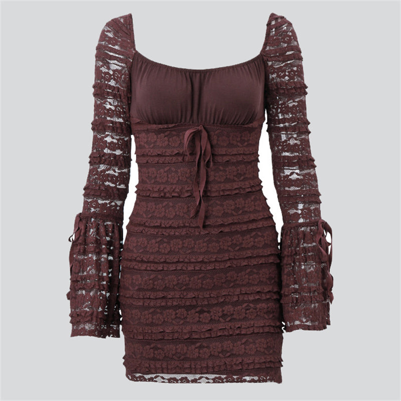 Square Neck Bell Sleeve Lace Dresses