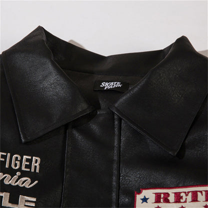 Faux Leather Embroidered Bomber Jacket