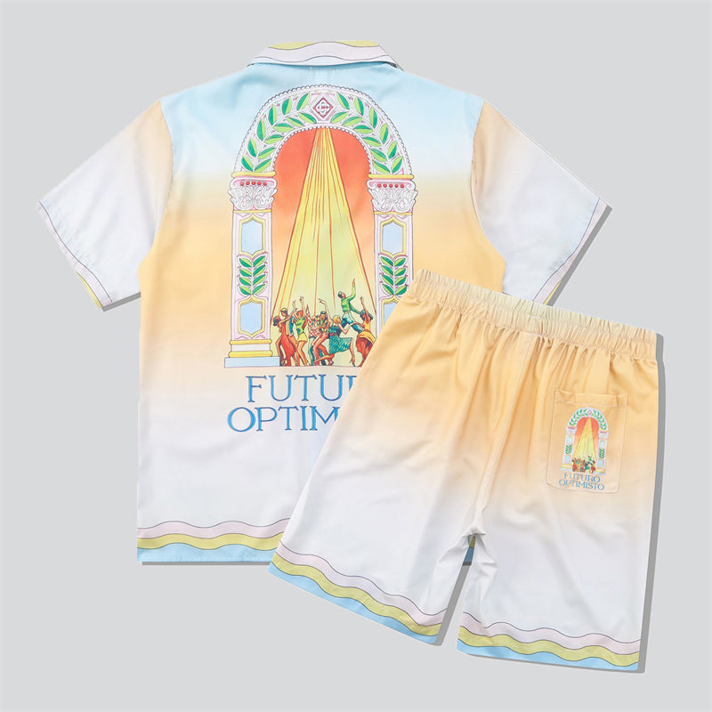 Gradient Color Wave Print Shirt + Beach Shorts