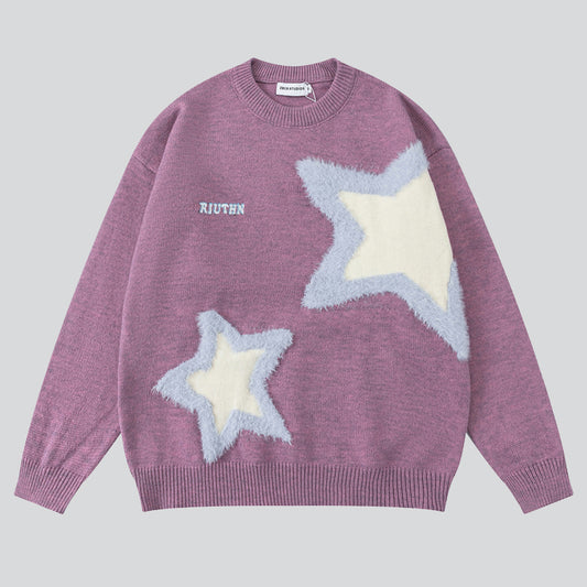 Contrast Color Star Flocked Sweater