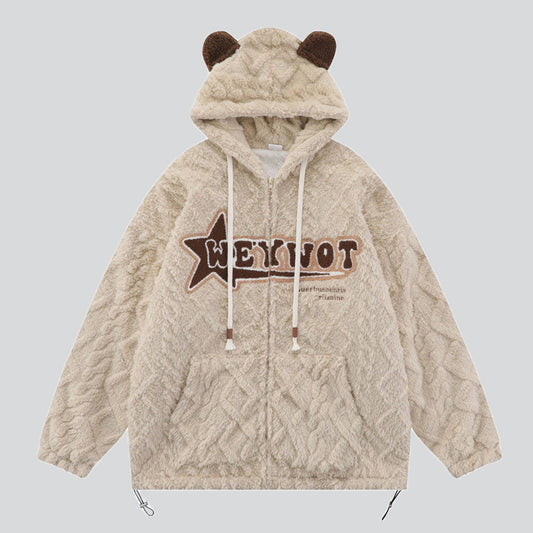 Fluffy Embroidery Zip-front Hoodies