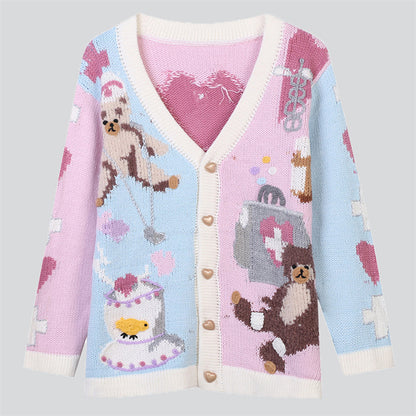 Lovely Pink Little Bear Heart Button Sweater