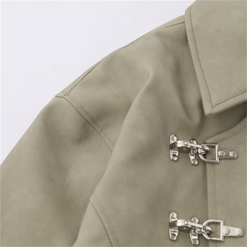 Retro Metal Button Lapel PU Leather Jacket