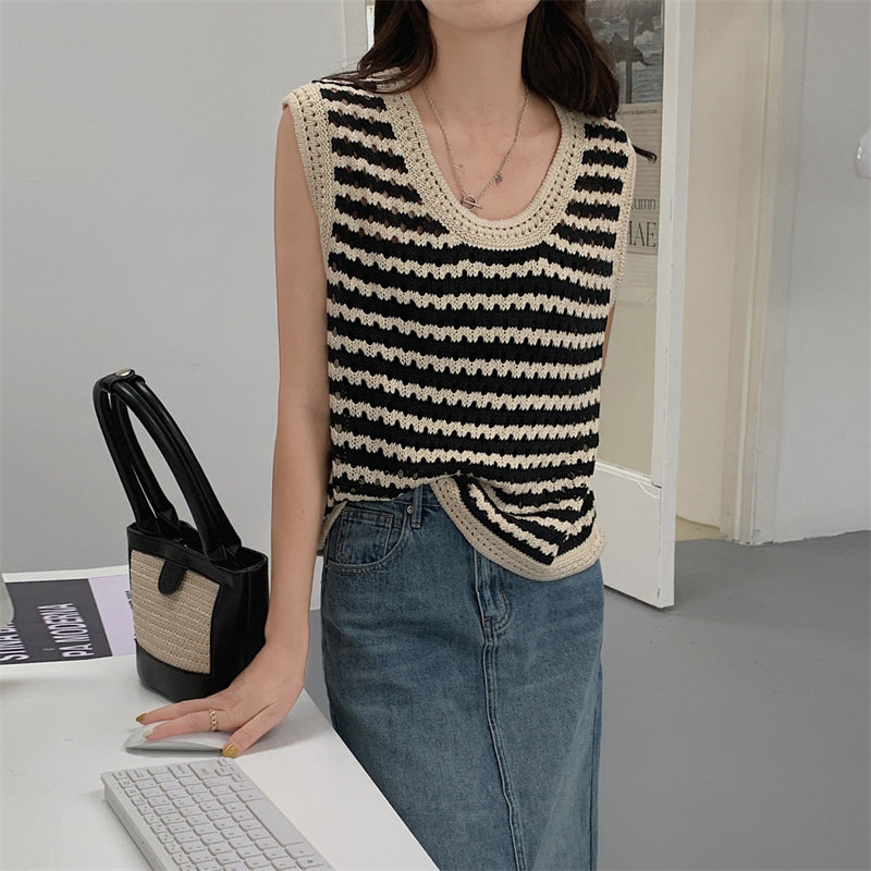 French Style Hollow Out Stripe Knitted Vest