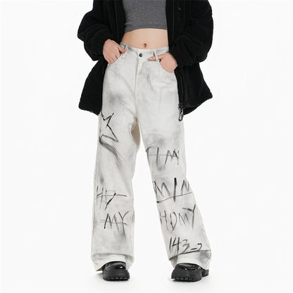 White Jeans with Letters Five-Pointed Star Graffiti