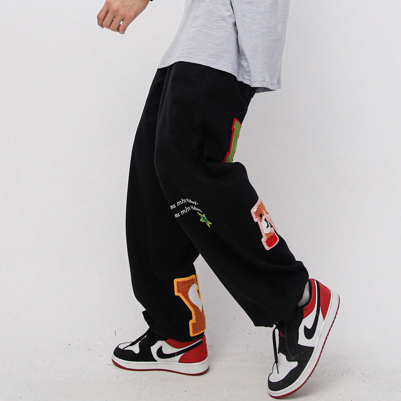 Letter Flocking Embroidery Street Pants