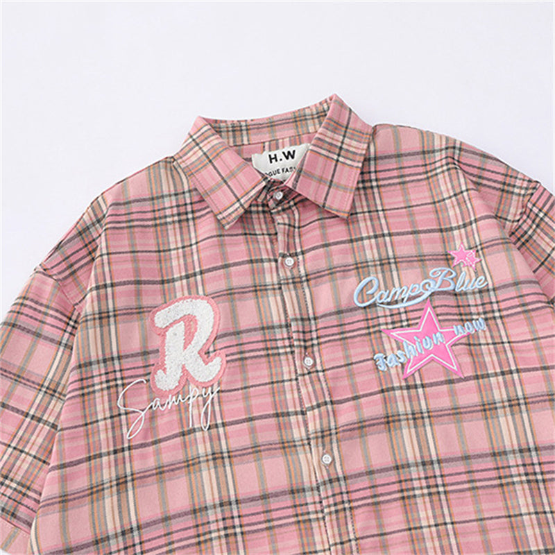 Letters Embroidered Star Plaid Shirt