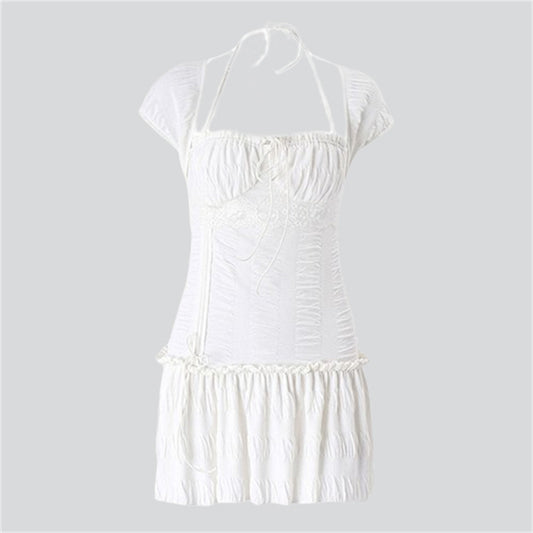 Low-Cut Lace-Up Pleated Dress