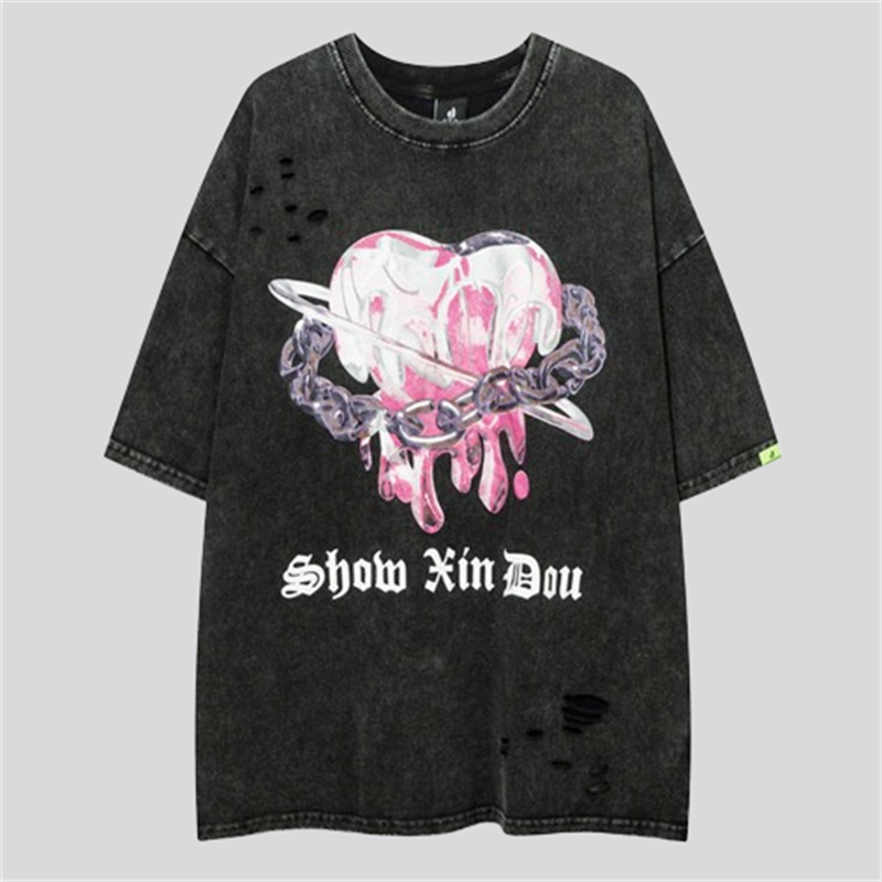 Love Chain Letter Print Ripped Holes Tees