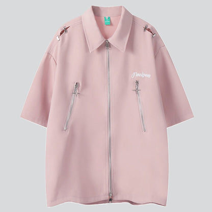 Two-way Zip Letter Embroidered Shirt