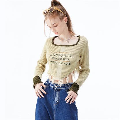 Square Neck Ripped Tassel Sweater