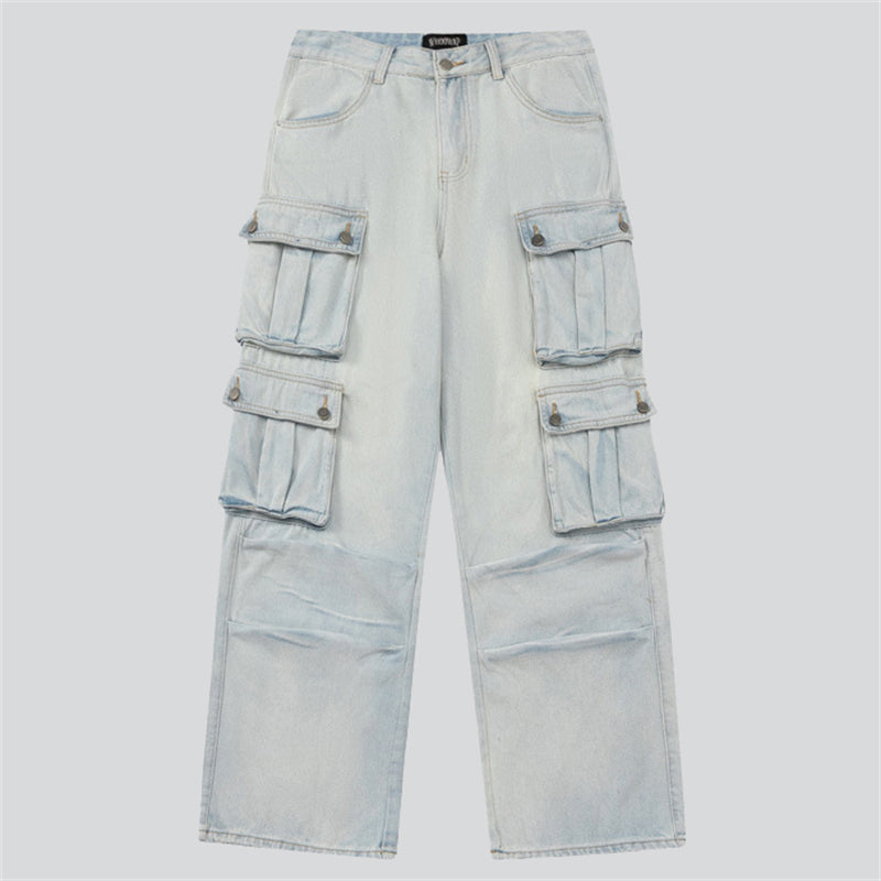 Vintage Light Blue Multi-Pocket Denim Pants