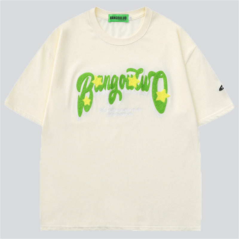 Cute Contrast Color Flocking Embroidery Tees