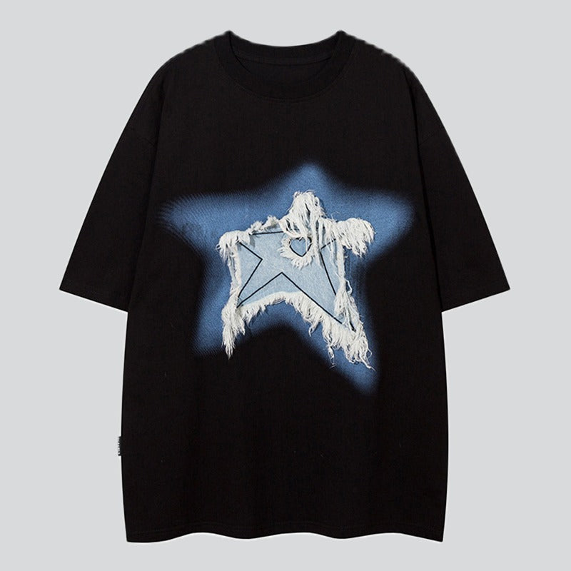 Raw Edge Five-Pointed Star Embroidery Tees