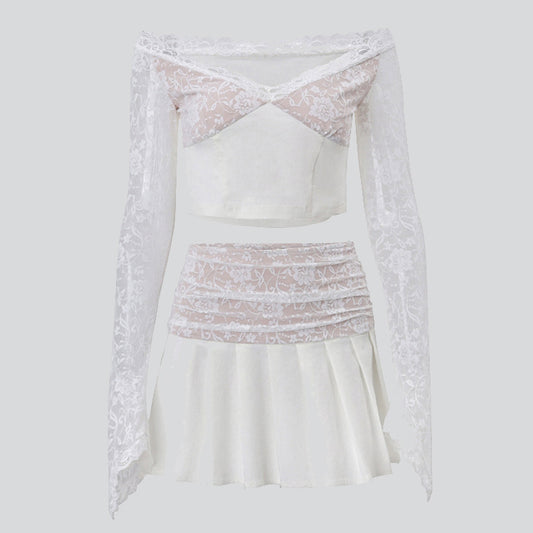 Low-cut Lace Mesh Top Pleated Skirt Set