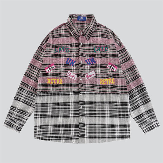 Contrast Color Embroidery Patch Plaid Shirt