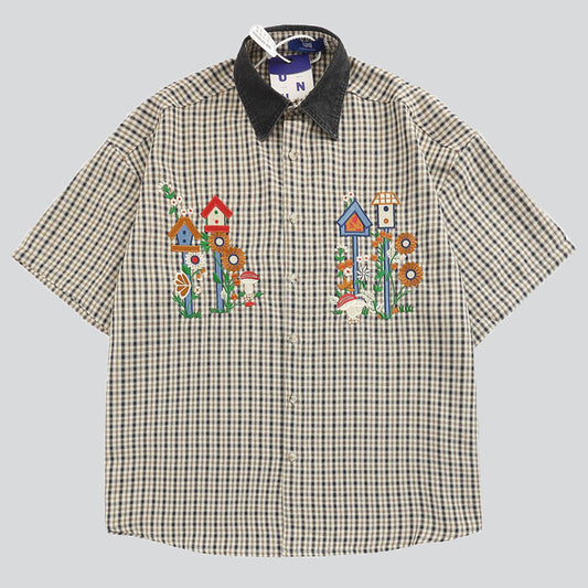 Little House Floral Embroidery Plaid Shirt