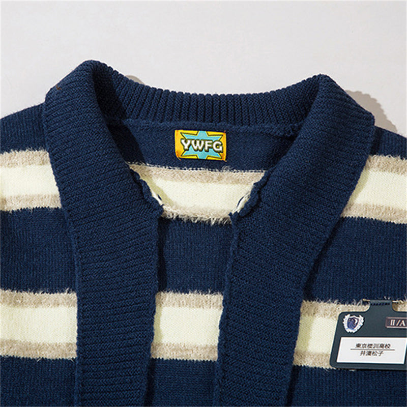 Contrast Color Lapel Knit Sweater