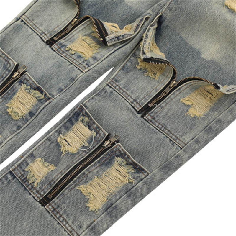 Hip-Hop Ripped Zipper Pocket Jeans