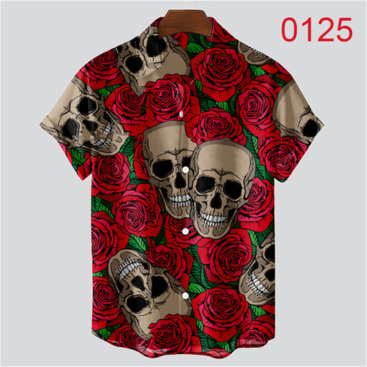 Vintage Rose Skull Print Holiday Shirt