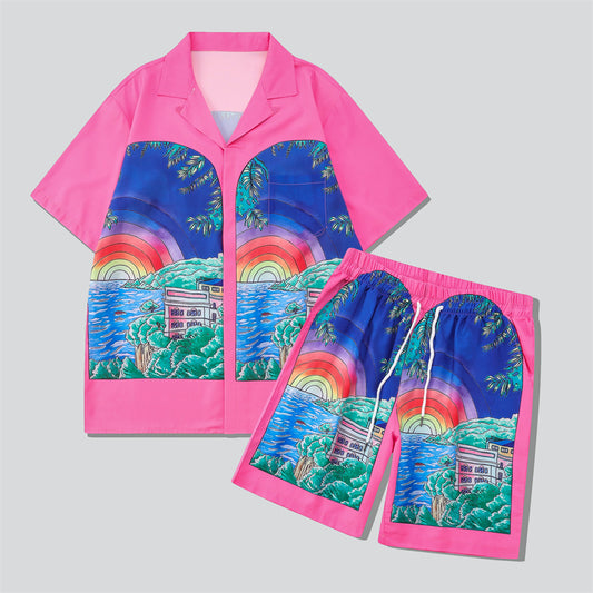 Pink Short Sets with Ocean Rainbow Print