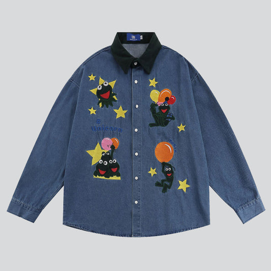 Happy Frog Embroidery Denim Shirt
