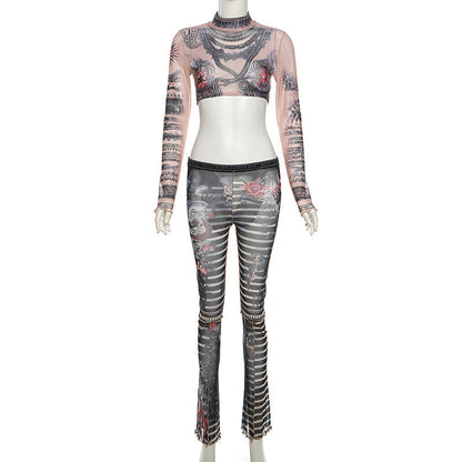 Sexy Printed Midriff Tops Striped Pants Sets