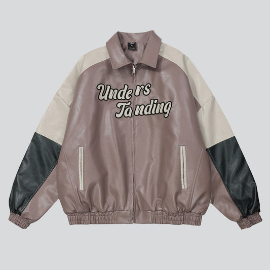 "Understanding" Embroidered Faux Leather Coat
